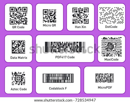 Labels with Barcodes. Packaging labels. Set of different codes. QR Code, barcode, Micro Qr, DotCode, Data Matrix, Aztec Code and MaxiCode. Vector illustration