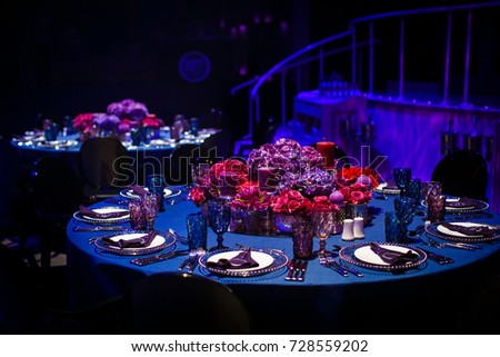 Table set for wedding or another catered event dinner. Royalty-Free Stock Photo #728559202