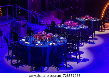 Table set for wedding or another catered event dinner. Royalty-Free Stock Photo #728559235