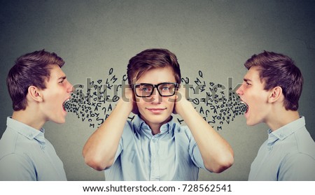 Two angry men screaming at peaceful guy covering his ears with hands ignoring them, alphabet letters coming out of mouth. Royalty-Free Stock Photo #728562541