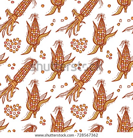 Seamless Pattern with Flint Corn (Indian corn or calico corn). Hand drawn doodle Vegetable Background. Vector illustration Royalty-Free Stock Photo #728567362