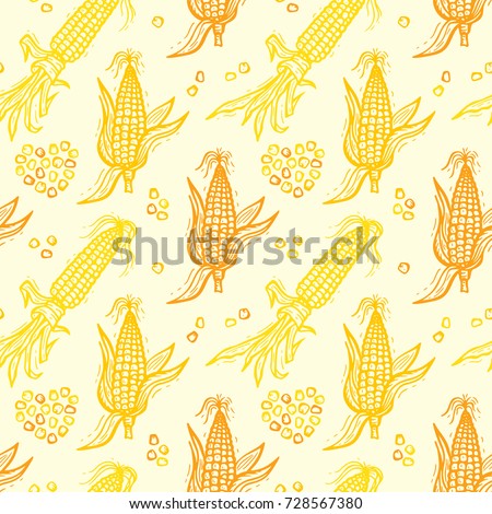 Seamless Pattern with Flint Corn (Indian corn or calico corn). Hand drawn doodle Vegetable Background. Vector illustration Royalty-Free Stock Photo #728567380