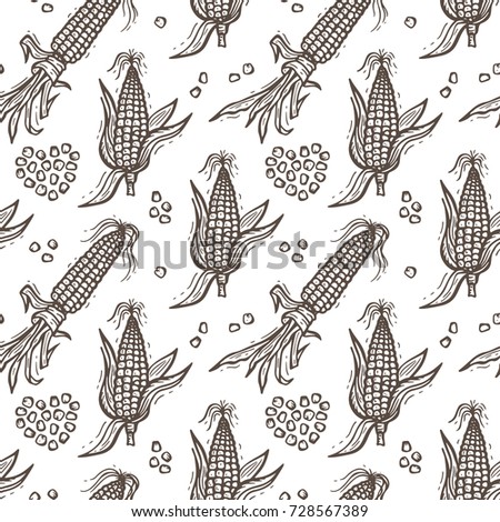 Seamless Pattern with Flint Corn (Indian corn or calico corn). Hand drawn doodle Vegetable Background. Vector illustration Royalty-Free Stock Photo #728567389
