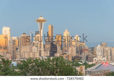 Seattle downtown skylines and urban office buildings at sunset/twilight as seen from Kerry Park.