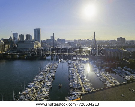 Pier of Boston Massachusetts USA, Wharf with sailboat and yachts in Charles Rive, skyline skyscrapers