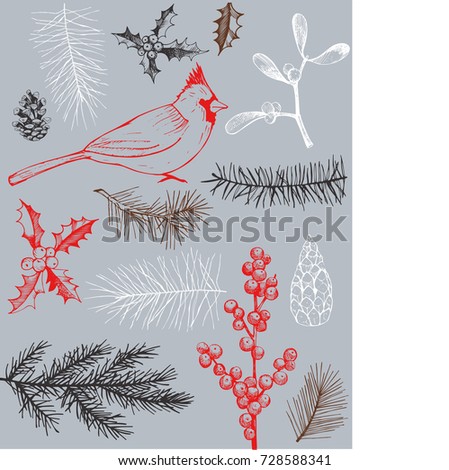  Christmas background with birds.Vector hand-drawn illustration.