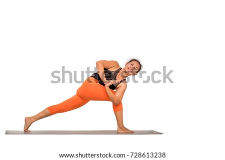 Strong women practice yoga on a white background.