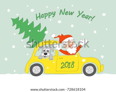New year card with funny cartoon santa claus, happy schnauzer puppy and christmas fir-tree in the retro auto and  text Happy New Year on the snow background. 