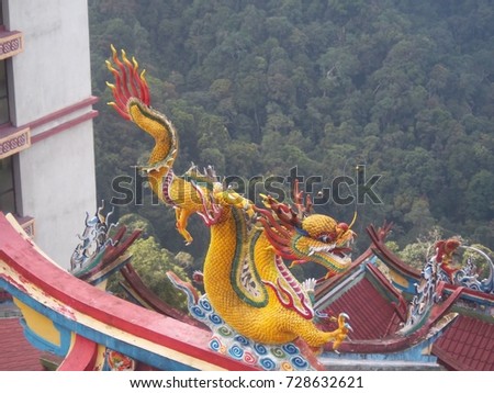 yellow dragon on roof with mountain background