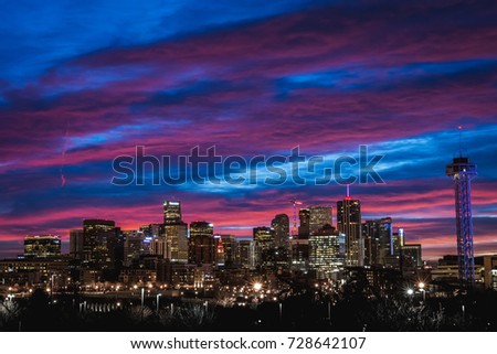 Colorful Sunrise Over Downtown Denver, Colorado Skyline