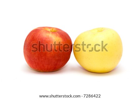 red and green apple on white background.