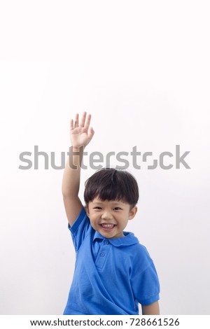 Cute Little Asian Boy Showing Hand Up, Education and School Concept.
