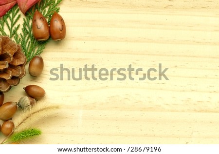 the blank space for free text with the decoration of autumn season with smiley acorn and so on ( dried grass, pine cone) 