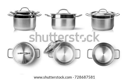 Open stainless steel cooking pot isolated on white  Royalty-Free Stock Photo #728687581