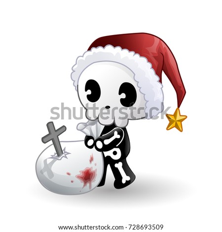Cute skeleton wear santa hat and santa bag vector