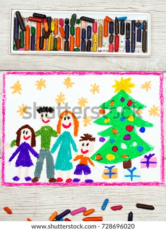 Photo of colorful drawing: Happy family and Christmas tree
