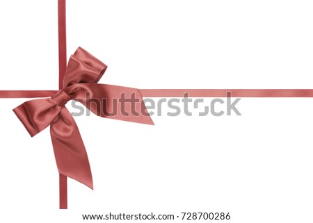 Little Christmas gift satin bow with tails, cross ribbon, coral color, on white background