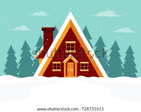 Log Cabin in the Woods. Flat Design Style. 