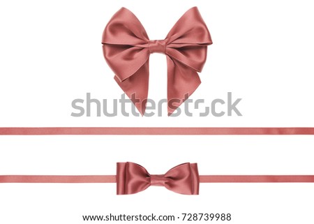 Collection of gift satin bows and ribbons coral color for making ornaments for a Christmas present on a white background
