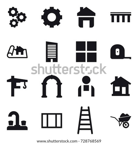 16 vector icon set : gear, home, bridge, project, skyscraper, window, measuring tape, tower crane, arch, water tap, stairs, wheelbarrow