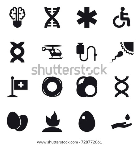 16 vector icon set : bulb brain, dna, lifebuoy, sprouting, egg, hand and drop