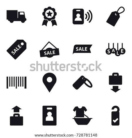 16 vector icon set : truck, medal, pass card, label, sale label, sale, barcode, baggage get, baggage, identity card, handle washing, please clean