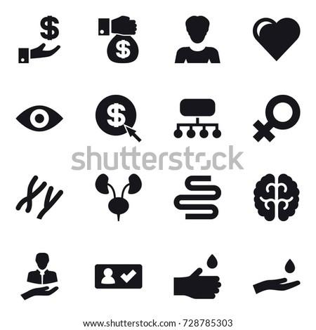 16 vector icon set : investment, money gift, woman, heart, eye, dollar arrow, structure, check in, hand drop, hand and drop