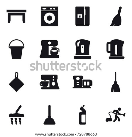 16 vector icon set : table, washing machine, fridge, broom, bucket, coffee maker, kettle, rag, vacuum cleaner, plunger, toilet cleanser