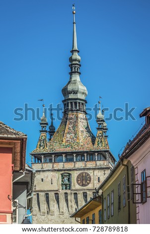 Famous Clock Tower in Sighisoara town in Romania