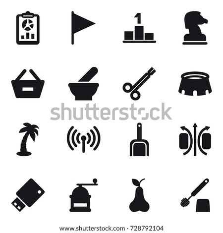 16 vector icon set : report, flag, pedestal, chess horse, remove from basket, stadium, palm, wireless, scoop, hand mill, pear, toilet brush