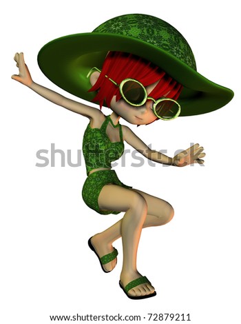 3D Rendering jumping girl in a green summer dress