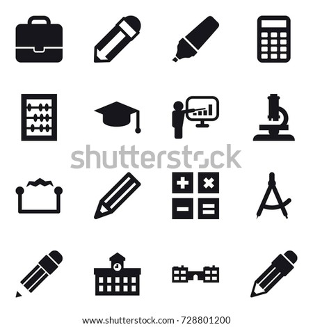 16 vector icon set : portfolio, pencil, marker, calculator, abacus, graduate hat, presentation, microscope, electrostatic, draw compass, university, school