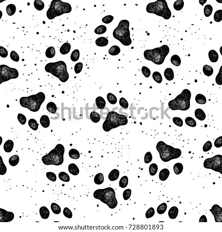 Vector illustration seamless texture composed with sketches of dog paw prints.