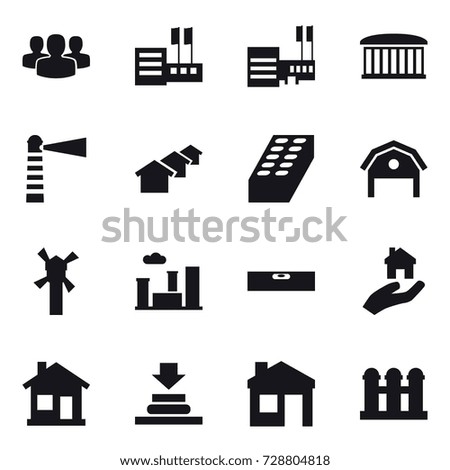 16 vector icon set : group, store, mall, airport building, lighthouse, houses, brick, barn, windmill, city, level, real estate, home, house, grain elevator