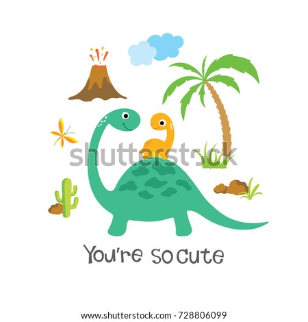 Happy dinosaur with baby dino. Vector illustration
