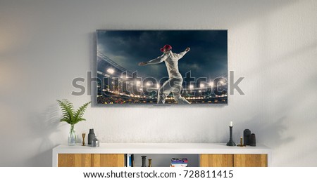 3D illustration of a living room led tv on white wall with wooden table and plant in pot showing cricket game moment .