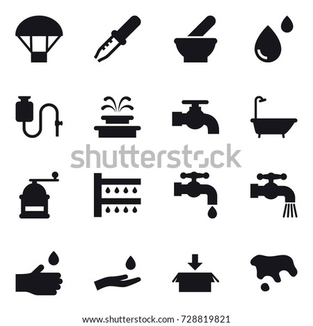 16 vector icon set : parachute, fountain, water tap, bath, hand mill, watering, hand drop, hand and drop, package, spot