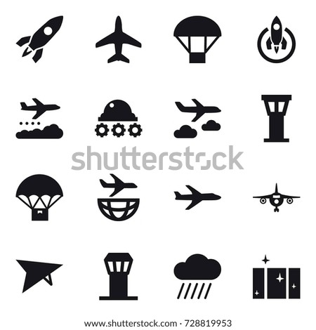 16 vector icon set : rocket, plane, parachute, weather management, lunar rover, journey, airport tower, deltaplane, rain cloud, clean  window