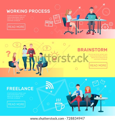 Creative team coworking people gradient flat horizontal banners collection with editable text and read more button vector illustration