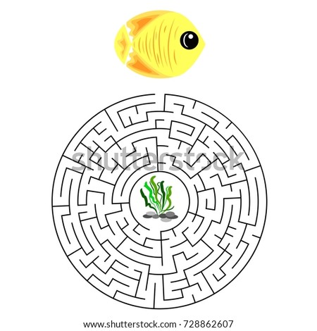 Circular education Maze or labyrinth game for children with yellow fish and algae. Vector illustration. EPS 10