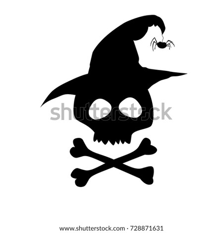 Black  silhouette of skull in witch hat  isolated on white background. Halloween vector illustration.