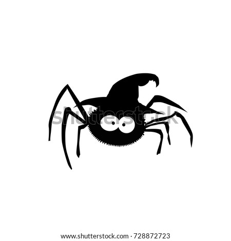 Black silhouette of spider in witch hat isolated on white background.Vector illustration.