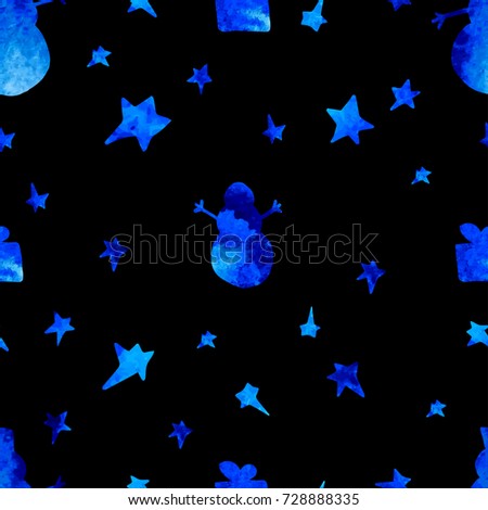 seamless watercolor winter pattern with snowman ans stars