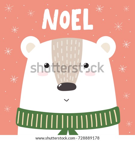 Christmas greeting card or print with cute bear. Vector illustration