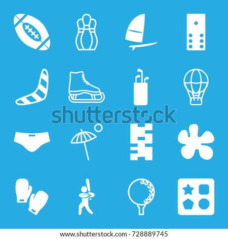 Recreation icons set. set of 16 recreation filled and outline icons such as boomerang, from toy for beach, baseball player, windsurfing, boxing gloves, american football