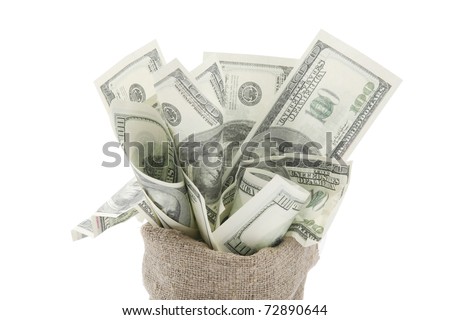 Canvas money sack with one hundred dollar bills