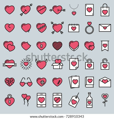Set of 42 simple icons with heart for Valentine's day, web design, sites, applications, games, stickers