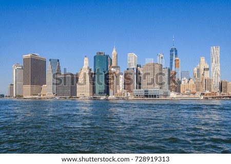 Lower Manhattan Skyline as seen from the Brooklyn Bridge Park, NYC, USA