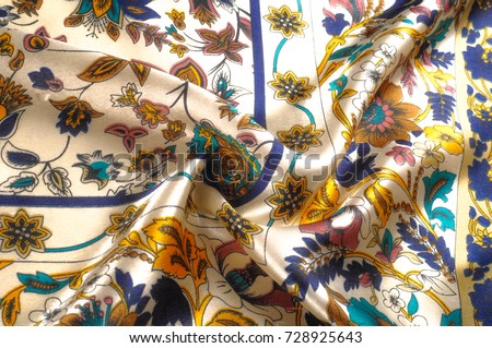 Texture, pattern, background. Silk fabric - multi colored flowers on a beige background.  Colourful Flower on Ornaments  Silk Satin Designer Fabric