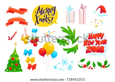 Vector collection of christmas decorative signs and elements isolated on white background. Good for new year invitation, xmas card, celebration banner, party placard, leaflet design. Cartoon style.